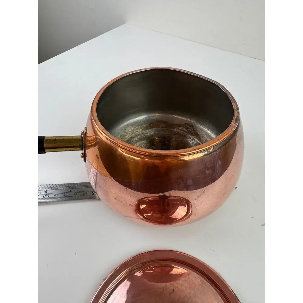 Vintage MCM Solid Copper Pot Rose Gold Metal Wooden Handle Lid Made In Portugal